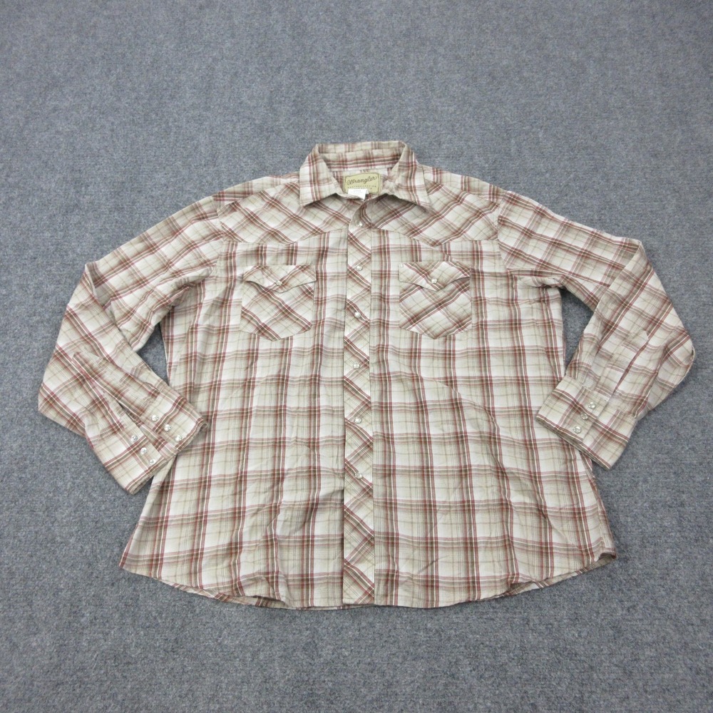 Wrangler Shirt Mens XL Beige Plaid Cotton Poly Long Sleeve Western Snap Casual